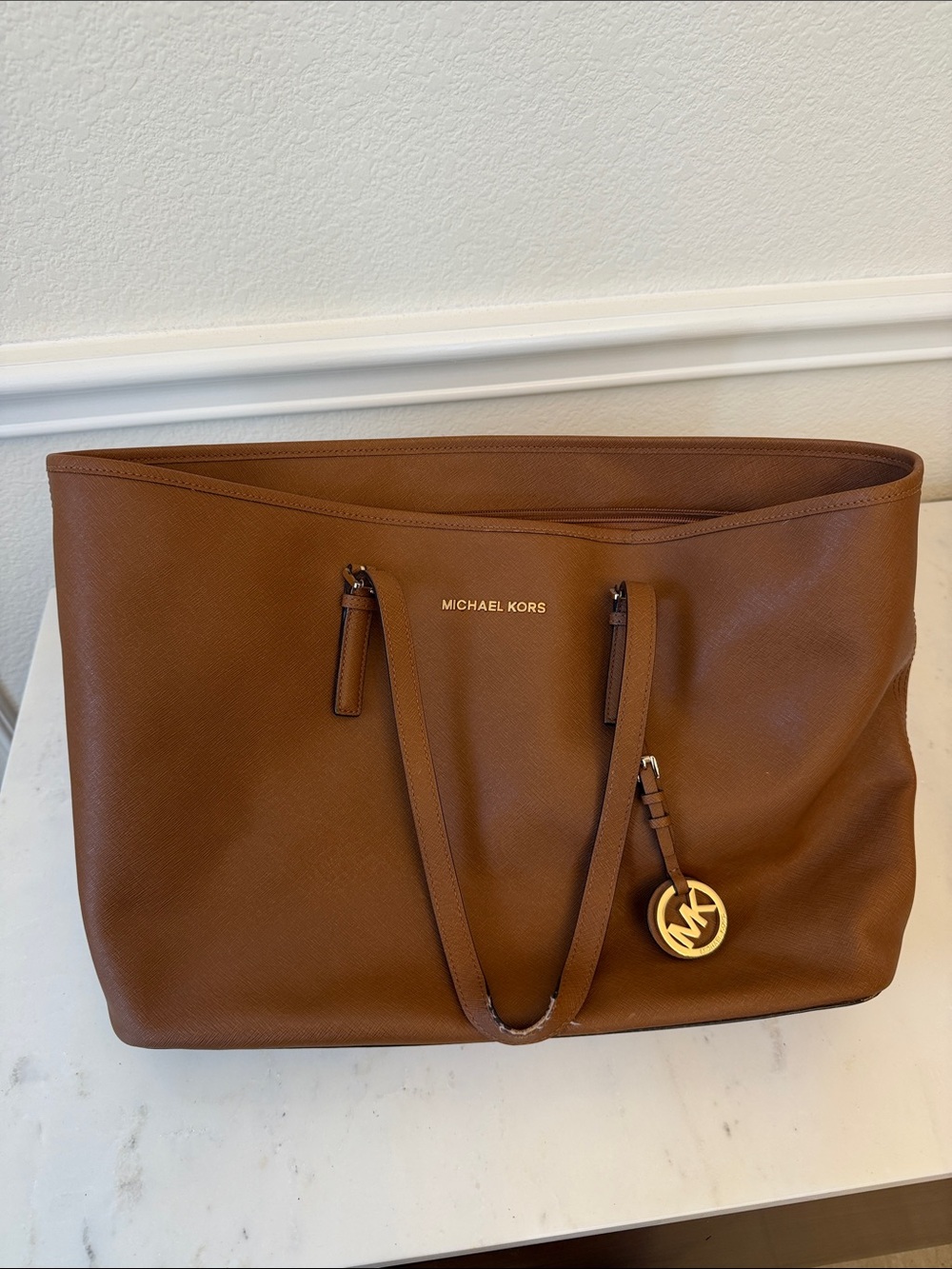Michael Kors Cognac Leather Tote with Gold MK Charm